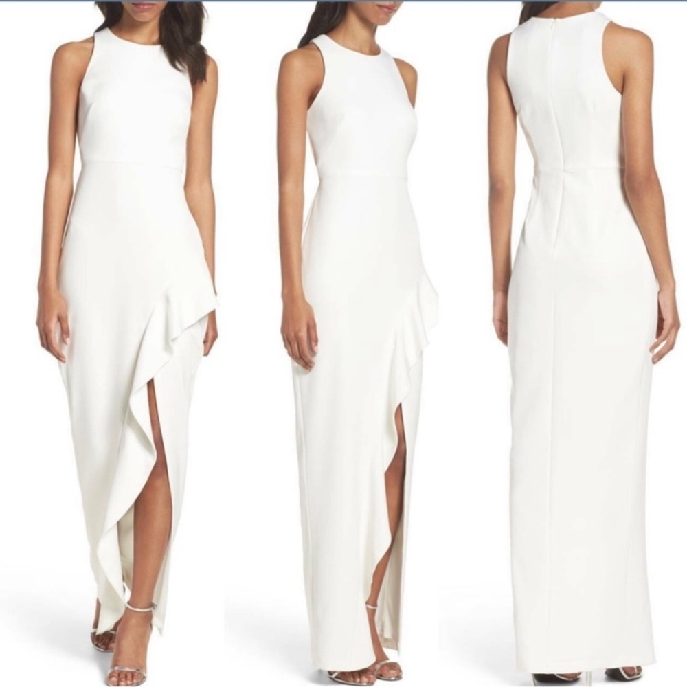 Xscape White Sleeveless Ruffle-Front Maxi Dress